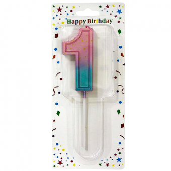 Купить Свеча-цифра в торт «1» с градиентом и золотой поталью 7 см оптом